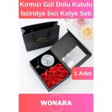 Wonara Özel Tasarım Sevgiliye Anneye Arkadaşa Uygun Kırmızı Gül Dolu Kutulu İstiridye İnci Kolye Seti