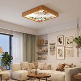 Wood Design World Ahşap Çerçeveli Çiçek Desenli Kare Plafoniyer Avize 60X60 cm - Modern Tavan Armatürü - Beyaz Işık