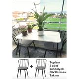 Wood Idea Klasik Tasarım Metal Ayaklı Yonga Levha Mutfak ve Yemek Masası Takımı, 2 Sandalyeli, 60x90x75 cm