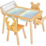Wood & Joy Doğal Ahşap Duyusal Çocuk Aktivite Masası Oyun Masası ve Çocuk Çalışma Masası 2 Sandalye Seti(Rulo Aparatlı ve Kırtasiye Istasyonlu) - Mavi