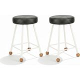 Wood Stone Art 2'li Set Tabure Bar Taburesi 47 cm Suni Döşeme Oturma Yeri Ada Sandalyesi Beyaz Kare Demir Ayaklı Ahşap Topuz
