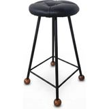 Wood Stone Art Bar Taburesi 65CM Kapitoneli Suni Deri Ahşap Topuz - 000-Siyah