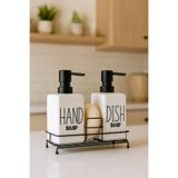 Woodcept. 2'li Metal Stantlı ve Süngerli Kare Porselen Sıvı Sabunluk Mutfak Seti, Hand and Dish Fenomen Set 400 ML