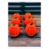 Woodcept. 6'lı Kapaklı Bal Kabağı Tasarım Seramik Kupa Bardak, Pumpkin Serisi Seramik Kupa Bardak 225 ML