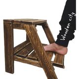 Wooden City Ahşap Basamak Merdiven Tabure Yükseltici 1+1 Basamaklı Kahverengi Malzeme ile Dayanıklı