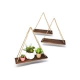 Wooden Factory 3 lü Dekoratif Ahşap Halatlı Duvar Rafı Kitaplık & Çiçeklik Uçan Raf