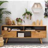 Woodendecoration Ahşap Çift Çekmece Açık Raf Tv Ünitesi Büfe - Kahverengi