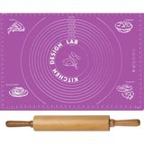 Woodhub 2 Li Set Mor 45X65 cm Silikon Hamur Açma Matı - 48 cm Dönerli Merdane - Pratik Hamur Açma Seti - Ahşap
