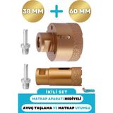 Woodhub 38MM + 60MM Granit Mermer Seramik Beton Taş Delme Panç Spiral Avuç Taşlama Matkap Uyumlu M14 Aparat - Altın