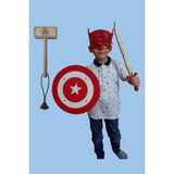 Woodhub 4'lü Ahşap Oyuncak Seti, Kaptan Türkiye Maskesi, Kalkanı, Kılıcı ve Ahşap Thor Çekici - Ahşap Desenli
