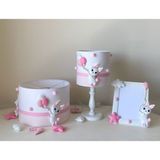 Woodhub Beyaz Pembe Ponponlu Toz Pembe Tavşan Figürlü Bebek Odası Avize Abajur Çerçeve Seti - 1'li - Ahşap