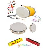 Woodhub Çocuk Müzik Zamanı 3 Lü Set - Ahşap Deri Davul, Ahşap Mızıka, Ahşap El Tefi - Ahşap Desenli