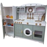 Woodhub Montessori Yeşil Oyuncak Mutfak ve Buzdolabı - Ahşap Desenli