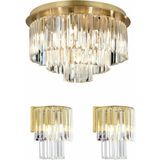 Woodhub Nilüfer Yuvarlak Eskitme 3 Parça Kristalli Taşlı Modern Tasarım Kristal Salon Avize-Aplik Seti - 1 - Ahşap