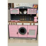 Woodhub Pembe Gri Oyuncak Mutfak Çaydanlık Seti ve 1 LED Hediyeli - Ahşap Desenli