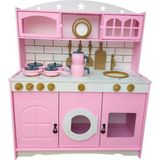 Woodhub Pembe Oyuncak Mutfak Seti (Çaydanlık Setli-Ledli) - Ahşap Desenli
