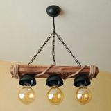 Woodhub Vintage, Otantik 3lü Ahşap Rustik Avize, E27 Duylu - 1