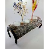 Woodile At Nallı Doğal Meşe Kütük Mumluk Ve Tüplü Kuru Çiçeklik Hediyelik Set