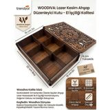 Woodiva Ahşap Dekorasyon Lazer Kesim 6 Bölmeli Desenli Çok Amaçlı Takı & Saat Organizer Kutusu 22X15X4 cm - Kahverengi - 1 Adet