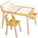 Woodnjoy Doğal Ahşap Duyusal Çocuk Aktivite Masası Oyun Masası ve Çocuk Çalışma Masası 1 Sandalye Seti(Rulo Aparalı ve Kırtasiye Istasyonlu) - Beyaz