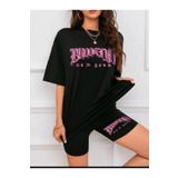 WOODROFFE Kadın New York Baskılı Tayt-T-shirt Takım Oversize Salaş Boyfriend