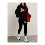 WOODROFFE Kadın Siyah Tayt - Sweatshirt Takım 2'li Kombin Oversize Salaş Boyfriend