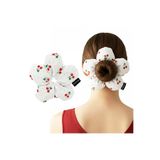 Woodycord El Yapımı Kiraz Desenli Beyaz Çiçek Scrunchie Topuz Tokası