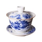 Woonsoon Jingdezhen Çin Gaiwan El Yapımı 178 ml Dağ Tarzı Çin Mavi ve Beyaz Porselen Gaiwan Kungfu Çay Fincanı Geleneksel Çin Çay Seti
