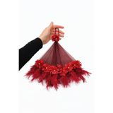 WORDAKS Bordo Üç Boyutlu Çiçek Tüy Taş Süslemeli Gelin Damat El Halay Mendili, Düğün, Kına, Sünnet, Nişan