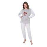 Wordex Fawn 04-3301 Peluş Welsoft Polar Kışlık Yumoş Geyikli Kadın Pijama Takımı (Gri, S)