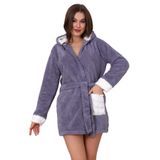 Wordex Fawn 3309 Welsoft Polar Peluş Kadın Kapşonlu Yumoş Sabahlık (Gri, L-XL)