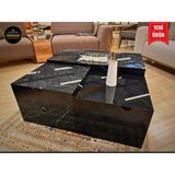 Work Shop Elite Royal Şömineli Polygon 3'lü Orta Sehpa Seti - Mermer Görünümlü, Ethanol Yakıtlı Şömineli - Royal Mermer Desenli