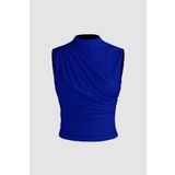 World Fashion Trends 6071 Kolsuz Büzgülü Saks Mavisi Crop Bluz