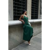 World Fashion Trends 8088 YEŞİL Keten Look Kumaş Ayarlanabilir Askılı Uzun Elbise