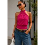 World Fashion Trends Bele Oturan Bağcıklı Esnek Crop top bluz fuşya