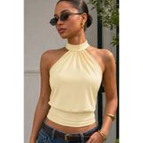 World Fashion Trends Bele Oturan Bağcıklı Esnek Crop top bluz TEREYAĞ SARISI
