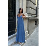 World Fashion Trends Kadın Mavi Keten Look Kumaş Ayarlanabilir Askılı Uzun Elbise 00000010