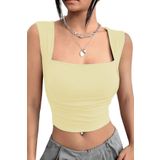 World Fashion Trends Kare Yaka Büzgü Detaylı Esnek Butter Yellow-tereyağı Sarısı Crop Bluz