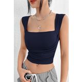 World Fashion Trends Kare Yaka Büzgü Detaylı Esnek Crop Bluz