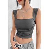 World Fashion Trends Kare Yaka Büzgü Detaylı Uzun Kollu Esnek Crop Bluz