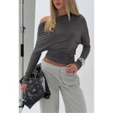 World Fashion Trends Tek Omuz Bele Oturan Yarasa kol Esnek Kumaş Bluz