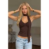 World Fashion Trends V Yaka Önü Büzgülü Boyundan Kuşaklı Crop Top Bluz 7074