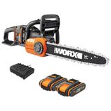 Worx 40 V akülü zincirli testere WG384E, 2 x 2,0 Ah, Powershare, fırçasız motor, aletsiz zincir germe sistemi, durdurma zincir freni, çift şarj cihazı, 35 cm çubuk uzunluğu, 2 x 18 V