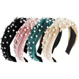 WOVOWOVO 4 paket düğümlü saç bantları kadınlar için inci bayan kafa bandı kaymaz sevimli pembe geniş kalın üst düğüm kadife Hairband saç aksesuarları