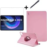 Wowacs Xiaomi Pad 6 11 Inç Uyumlu 360° Dönebilen Standlı Tablet Kılıfı Ekran Koruyucu ve Kalem Seti - Açık Pembe