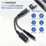 Wowssyo 2'si 1 Arada Type-C To 3.5MM+60W Hızlı Şarj ve Kulaklık Çevirici+Usb Dönüştürücü Hi-fi Ses Ce Lisanslı Sertifikalı Hasır Örgülü Sağlam Kablo - Siyah - Gri