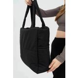 woys Siyah Kabartmalı Pamuklu Kumaş Shopper Çanta -Okul Omuz Çantası
