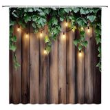 WUASDCS Ahır Kapısı Duş Perdesi Rustik Ahşap Tahta Yeşil Yapraklar Vintage Asma Sarmaşık Bitki Bahçe Manzarası Doğa Botanik Manzara Banyo Dekoru Polyester Kumaş Kancalı Perdeler 170 G x 180 Y