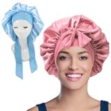 WUBAYI 2 adet saten uyku kapısı, ipek kaput saç şal uyku için, saç Bonnet banyo için, kravat bandı kadınlar için uzun kıvırcık örgü saç, Pembe, Mavi, L