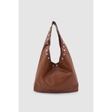 Wuclo Stula Büyük Hacimli Mıknatıslı Zımba Detaylı Hobo Omuz Çantası Taba - 40 x 27 x 10 cm